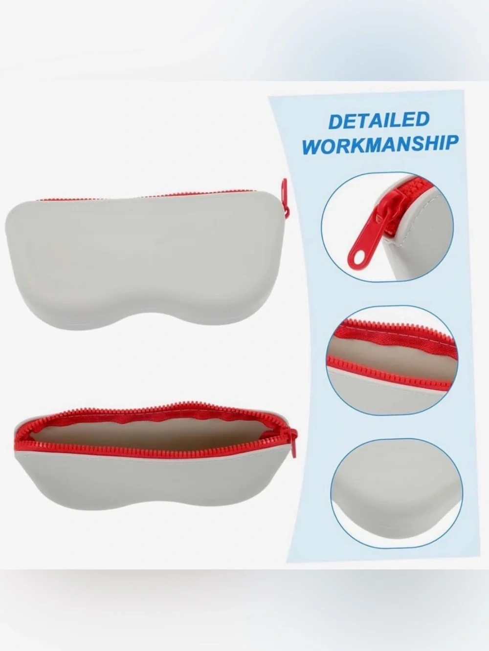 Lt Gray Silicone Eyeglasses Case Waterproof Protective Sunglasses Pouch Red Zip